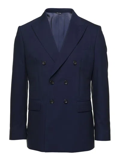 Reveres 1949 Blue Double-breasted Blazer With Pointed Reverses In Wool And Cotton Blend Man