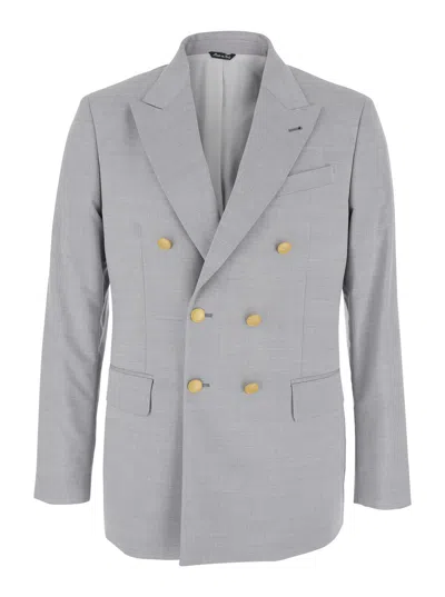 Reveres 1949 Double-breasted Peak Lapel Virgin Wool Blazer In Gray