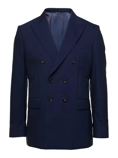 Reveres 1949 Double-breasted Virgin Wool Cotton Blend Blazer In Blue