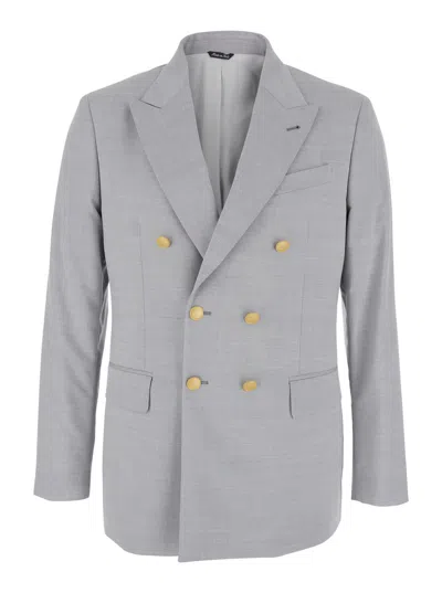 REVERES 1949 GREY DOUBLE BREASTED JACKET WITH PEAK LAPELS IN VIRGIN WOOL AND COTTON BLEND WOMAN