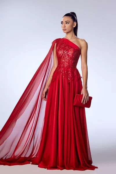 Reverie Couture Beaded Cassida Mousseline Gown In Red
