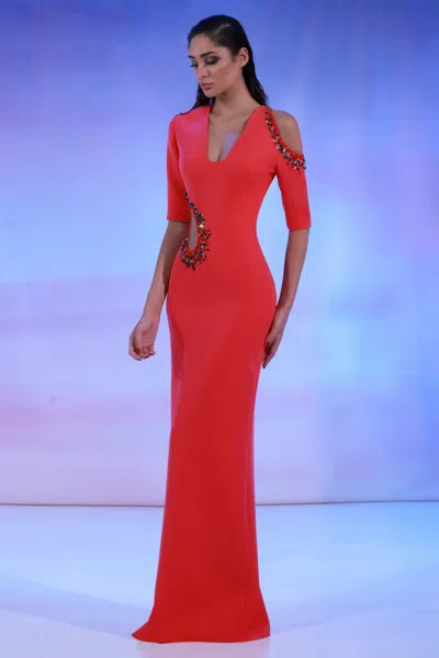 Reverie Couture Beaded Coral Crepe Gown In Red