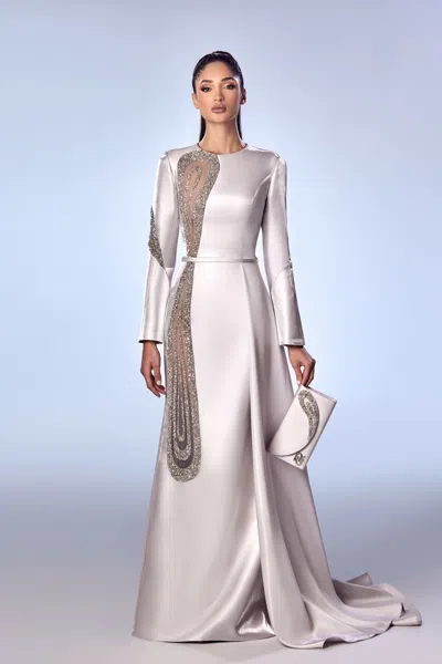 Reverie Couture Beaded Long Sleeve Mikado Gown In Ivory
