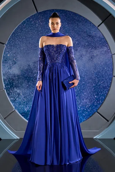 Reverie Couture Beaded Mousseline Gown In Blue