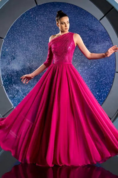 Reverie Couture Beaded One Shoulder Mousseline Gown In Pink