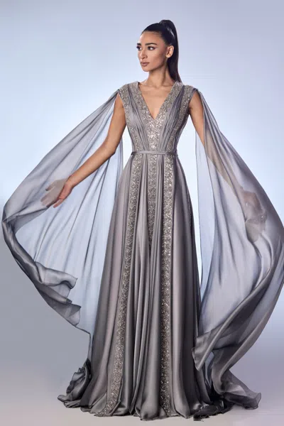 Reverie Couture Cassida Mousseline Beaded Gown In Gray