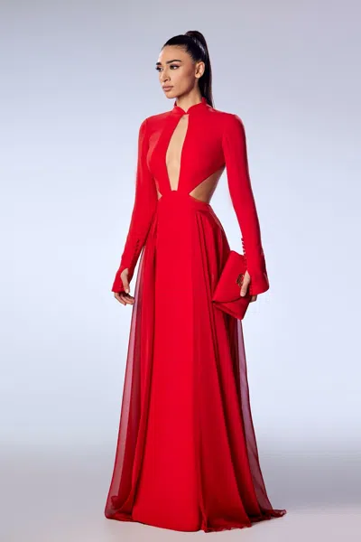 Reverie Couture Crepe And Mousseline Cut-out Gown In Red