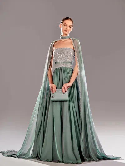 Reverie Couture Draped Shoulder Beaded Gown In Multi