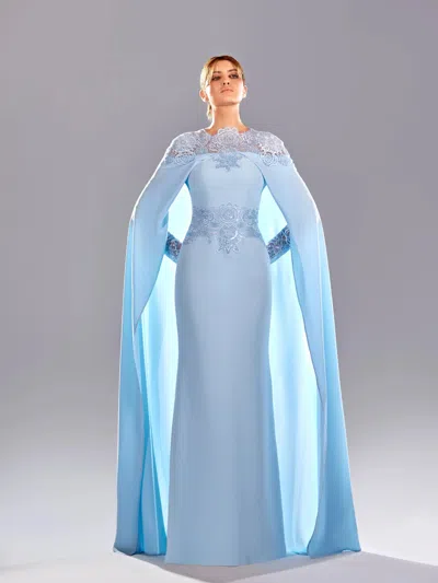 Reverie Couture Embroidered Caped Gown In Blue