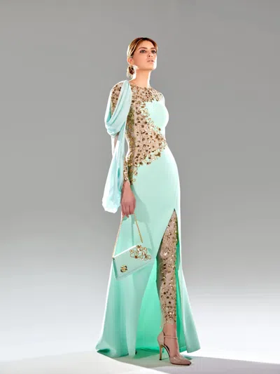 Reverie Couture Embroidered Detail Gown In Green