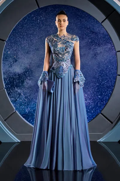 Reverie Couture Embroidered Sequin Mousseline Gown In Blue