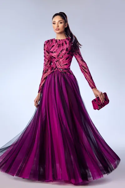 Reverie Couture Layered Beaded Tulle Gown In Purple