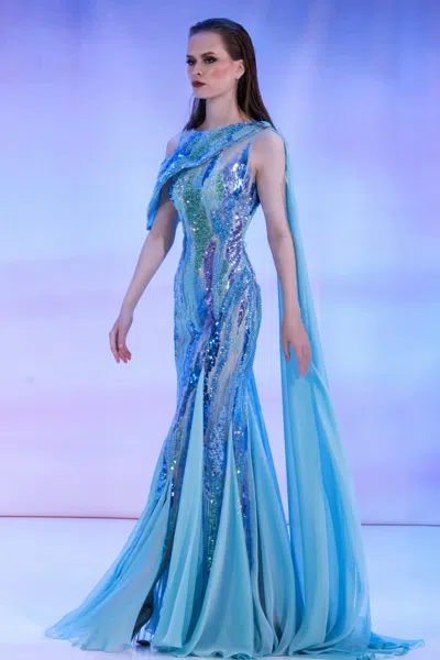 Reverie Couture Mousseline Beaded Gown In Blue