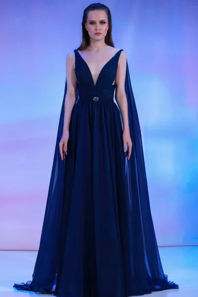 Reverie Couture Mousseline Gown With Draping In Blue