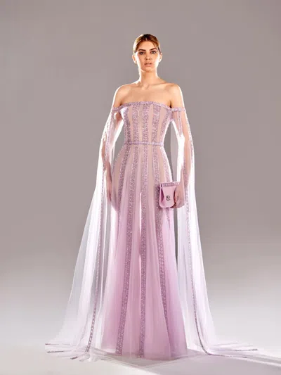 Reverie Couture Off-shoulder Draped Sleeve Dress In Pink