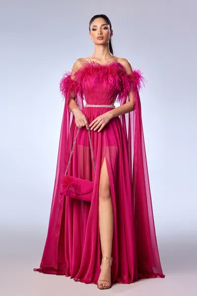 Reverie Couture Off Shoulder Feathered Mousseline Gown In Pink