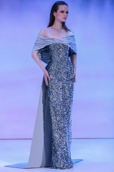 Reverie Couture Off-the-shoulder Satin Gown In Blue