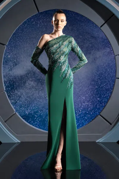 Reverie Couture One Sleeve Beaded Crepe Gown In Green