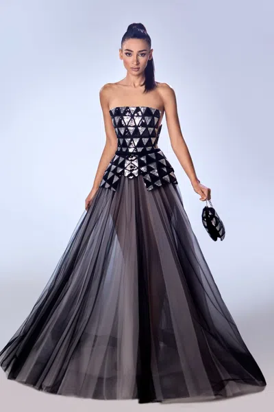 Reverie Couture Sequined Strapless Tulle Gown In Black