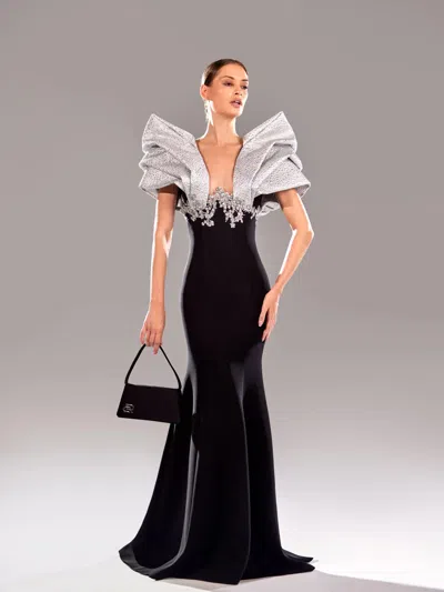 Reverie Couture Short Sleeve Beaded Gown In Multi