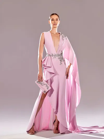Reverie Couture V-neck Draped Sleeve Dress In Pink