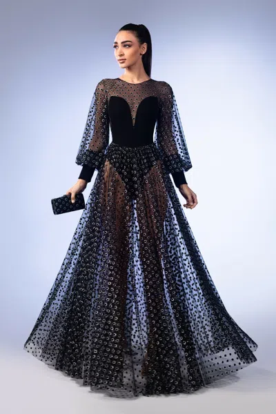 Reverie Couture Velvet Dotted Tulle Gown In Black