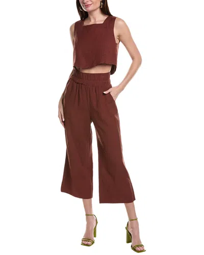 Reveriee 2pc Top & Pant Linen-blend Set In Brown