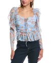 Reveriee Long Sleeve Woven Top In Blue