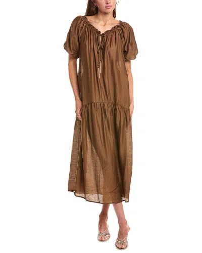 Reveriee Puff Sleeve Midi Dress In Brown