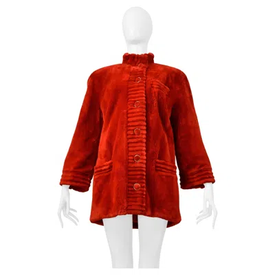 Pre-owned Revillon Revillion Red Sheared Beaver Fur Coat With Gold Buttons