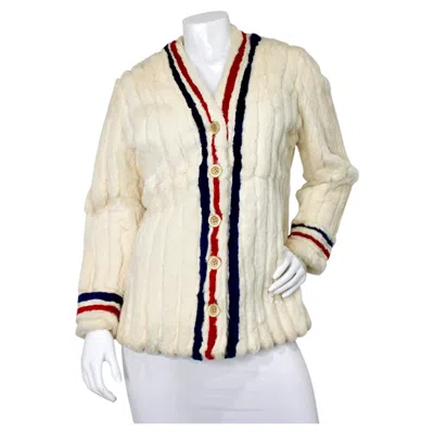 Pre-owned Revillon Saks-fifth Avenue Red & Navy Striped Faux Fur Tennis-style Cardigan Circa 1970s