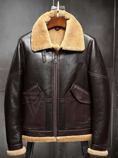 Pre-owned Revoko Mens Dark Brown B3 Shearling Real Leather Bomber Jacket Fur Coat Airforce Flight