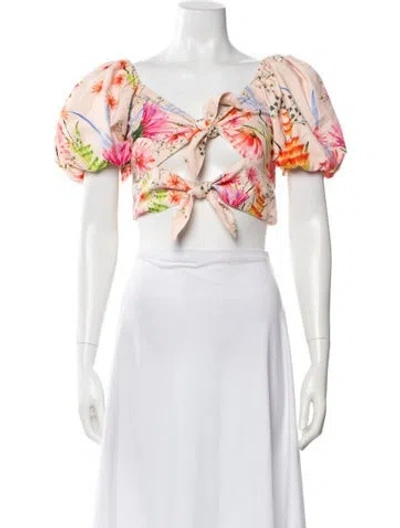 Pre-owned Revolve X Agua Bendita Floral Print Tie Neck Crop Top In Orange