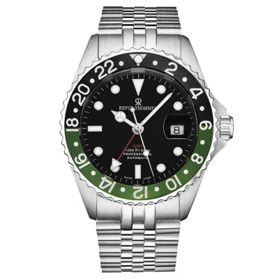 Pre-owned Revue Thommen Men's 'diver' Gmt Black Dial Black & Green Bezel Watch 17572.2238