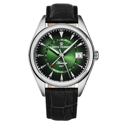 Pre-owned Revue Thommen Men Heritage Gmt Green Dial Leather Swiss Automatic 21010.2434
