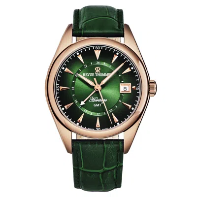 Pre-owned Revue Thommen Men Heritage Gmt Green Dial Leather Swiss Automatic 21010.2464