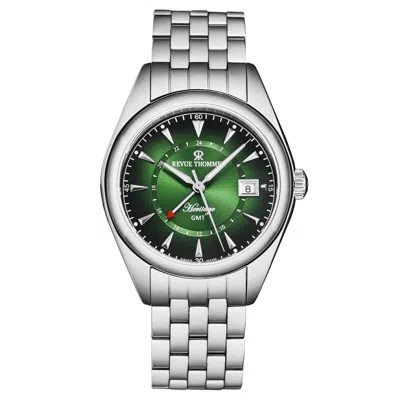 Pre-owned Revue Thommen Men Heritage Gmt Green Dial Ss Bracelet Swiss Automatic 21010.2334