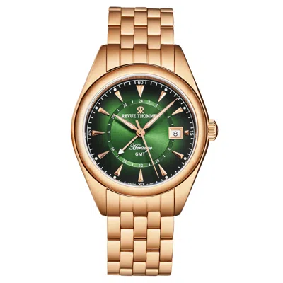 Pre-owned Revue Thommen Men Heritage Gmt Green Dial Ss Bracelet Swiss Automatic 21010.2364
