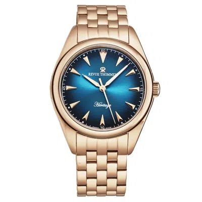 Pre-owned Revue Thommen Mens Heritage Blue Dial Goldtone Bracelet Automatic 21010.2165