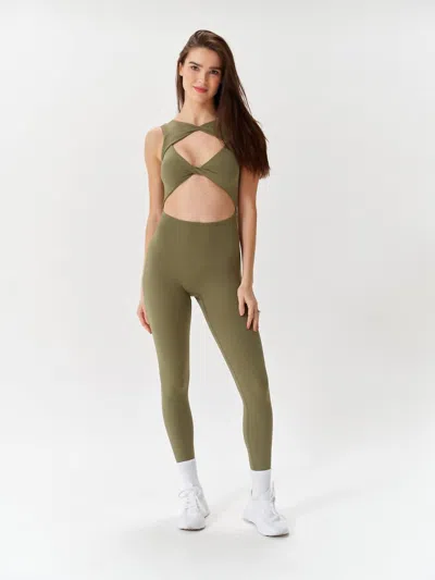 Revyve Active Peek-a-boo Cutout Jumpsuit In Olive In Green