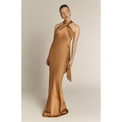 Rewritten Roma Halter Neck Dress In Brown