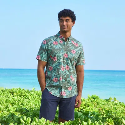 Reyn Spooner Palm Floral Hibiscus Button Front Hawaiian Aloha Shirt In Olive In Multi