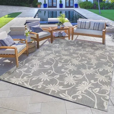 Reyn Spooner Tradewinds Plumeria Gray Hawaiian Tropical Polypropylene Flatweave Indoor/ Outdoor All Weather Area  In Ivory;gray;cream