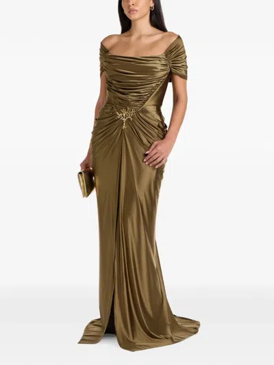 Rhea Costa Lorene Gathered Brooch-detail Dress In Brown