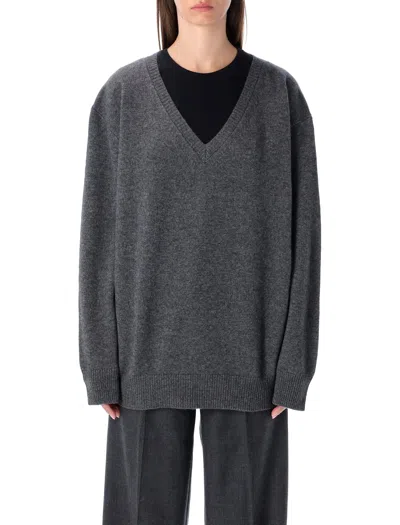 RHEA COSTA RHEA MID GREY WOOL CASHMERE V-NECK SWEATER