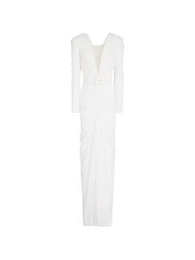 Rhea Costa Ruched Belted Gown Maxi Dress In White