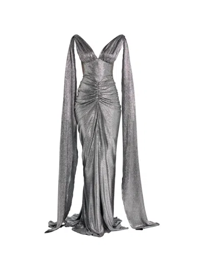 Rhea Costa V-neck Capelet Dress In Silver