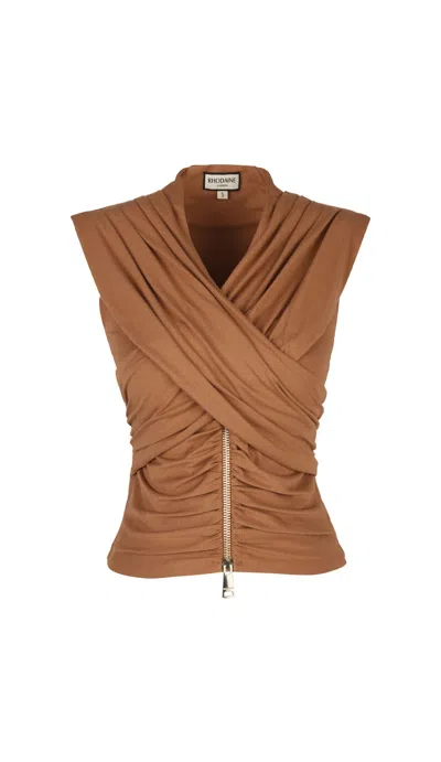 Rhodaine Women's Brown Florence Zipped Ruched Detail Top