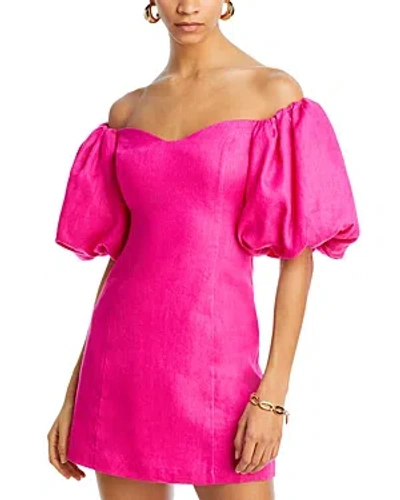 Rhode Dali Linen Puff Sleeve Dress In Hot Pink
