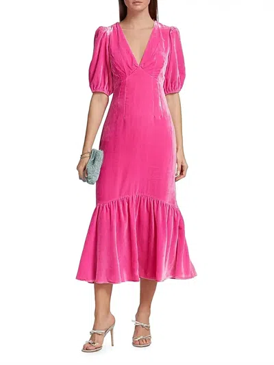 Rhode Ester Puff-sleeve Velvet Midi-dress In Pink